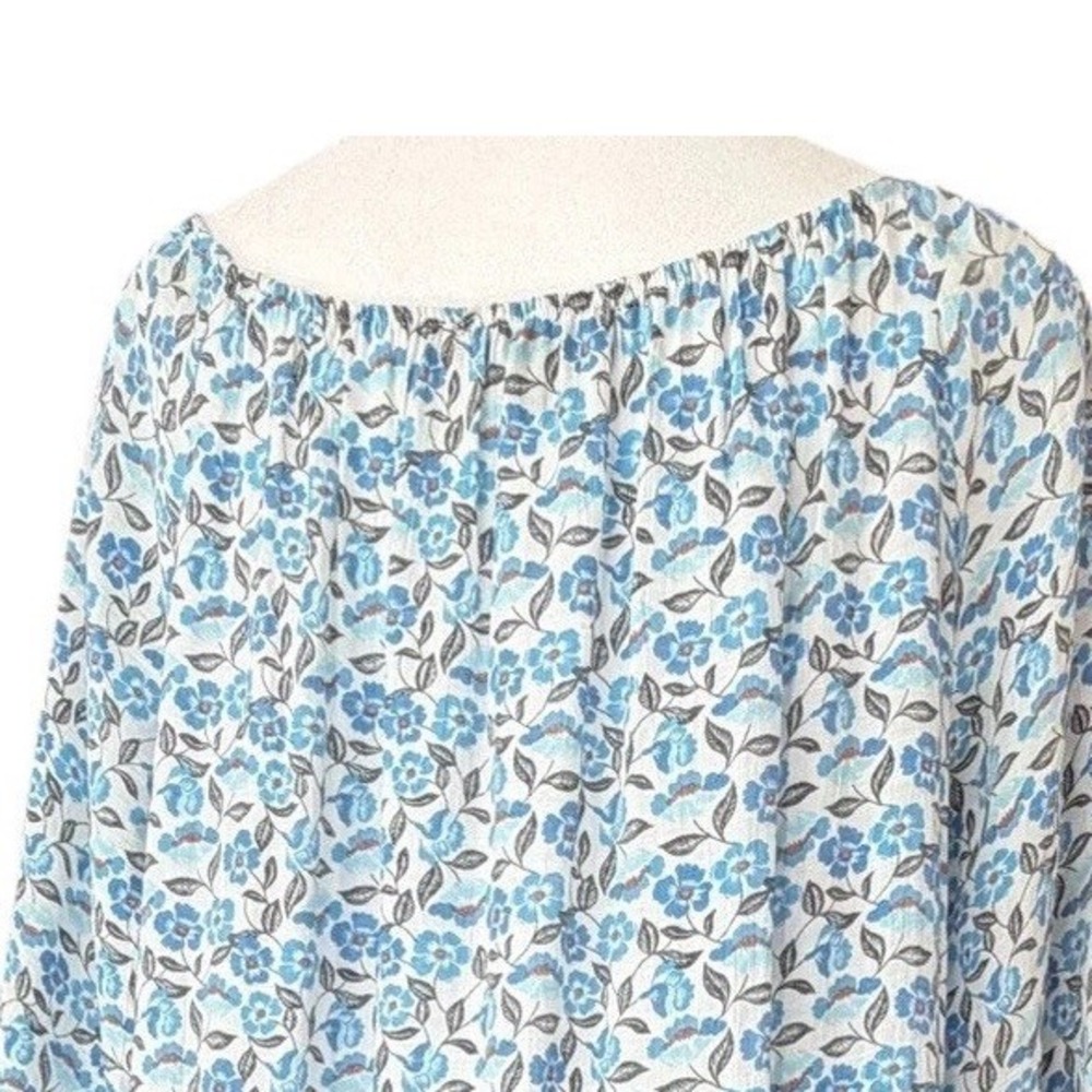 Zac & Rachel XL Boho Floral Peasant Blouse Blue Pom Trim NWT Cabincore. Boho.